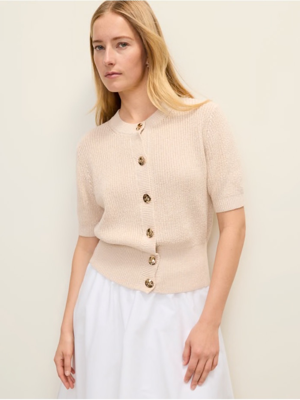 Short-Sleeve Cream Button-Up Knit Cardigan